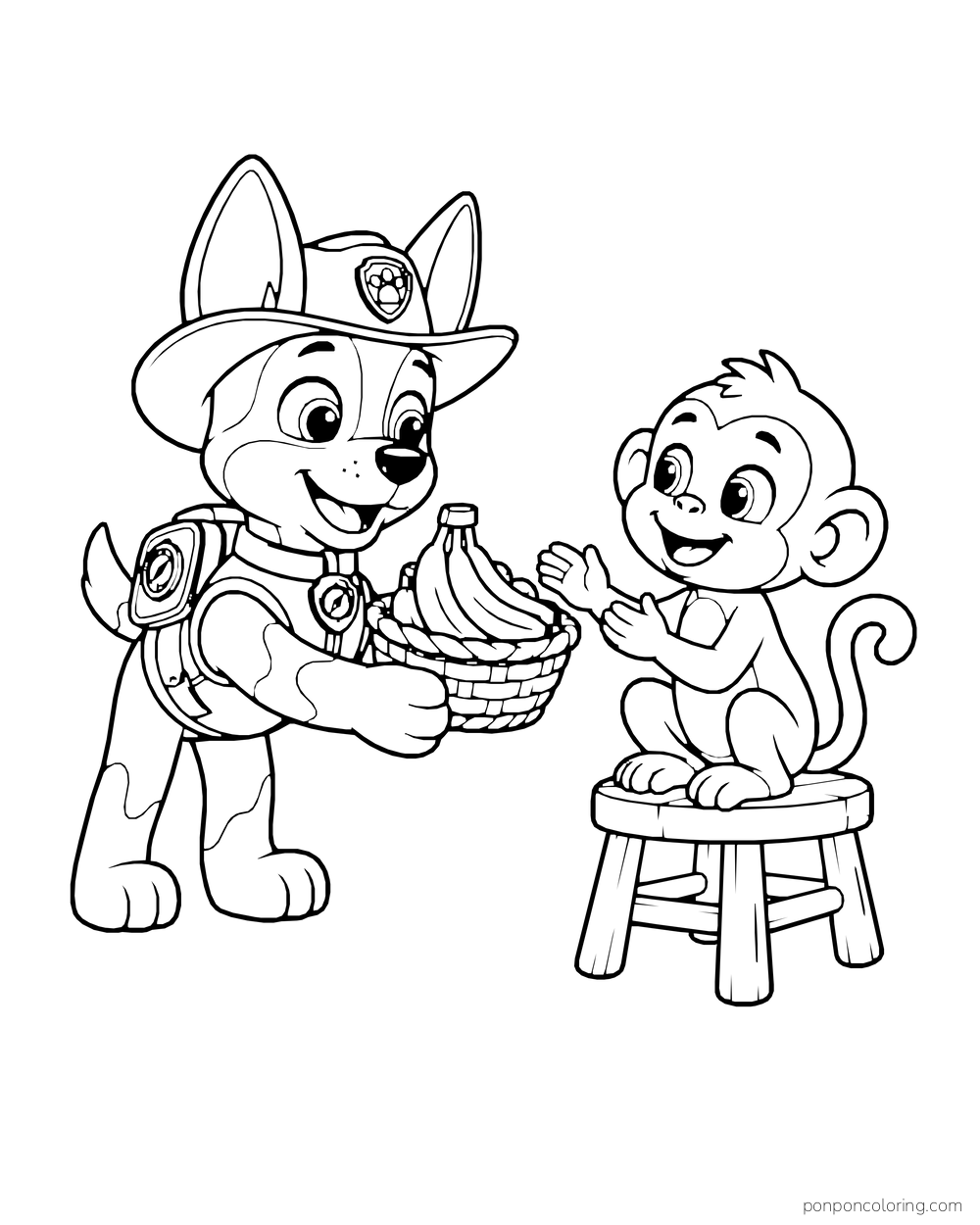 Tracker offers a basket of bananas to a monkey on a stool.
