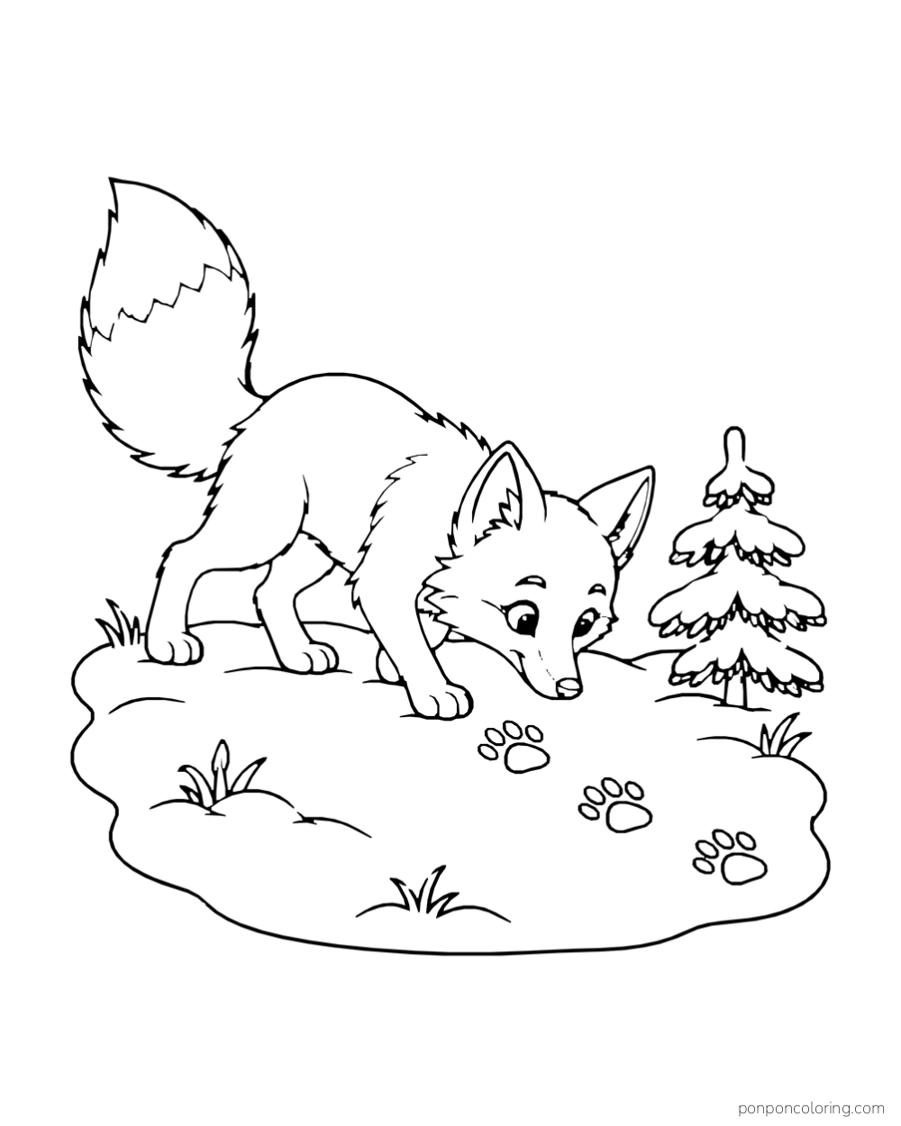 A fox lowers its nose toward three paw prints in a patch of snow.