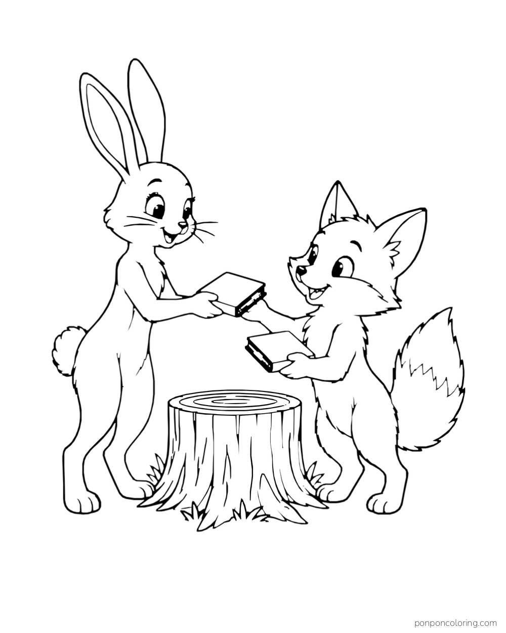 A rabbit and fox pup exchange books over a tree stump.