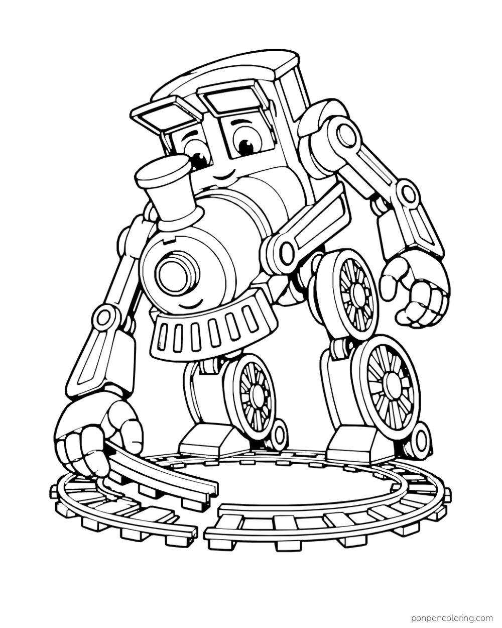 Toy train engine unfolds into a robot that repositions a loose track segment.