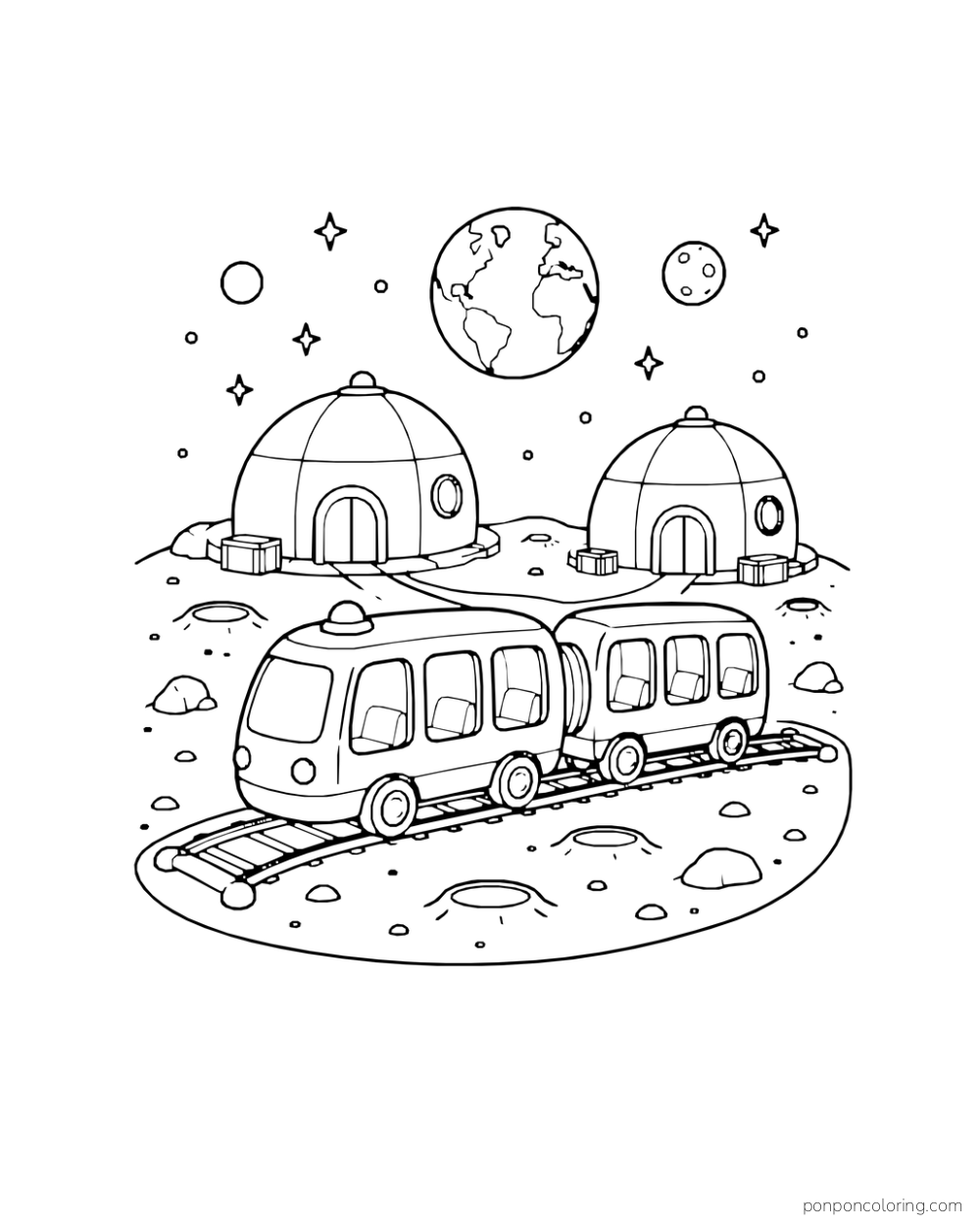 A two-car tram curves along a track between small domes beneath stars and planets.