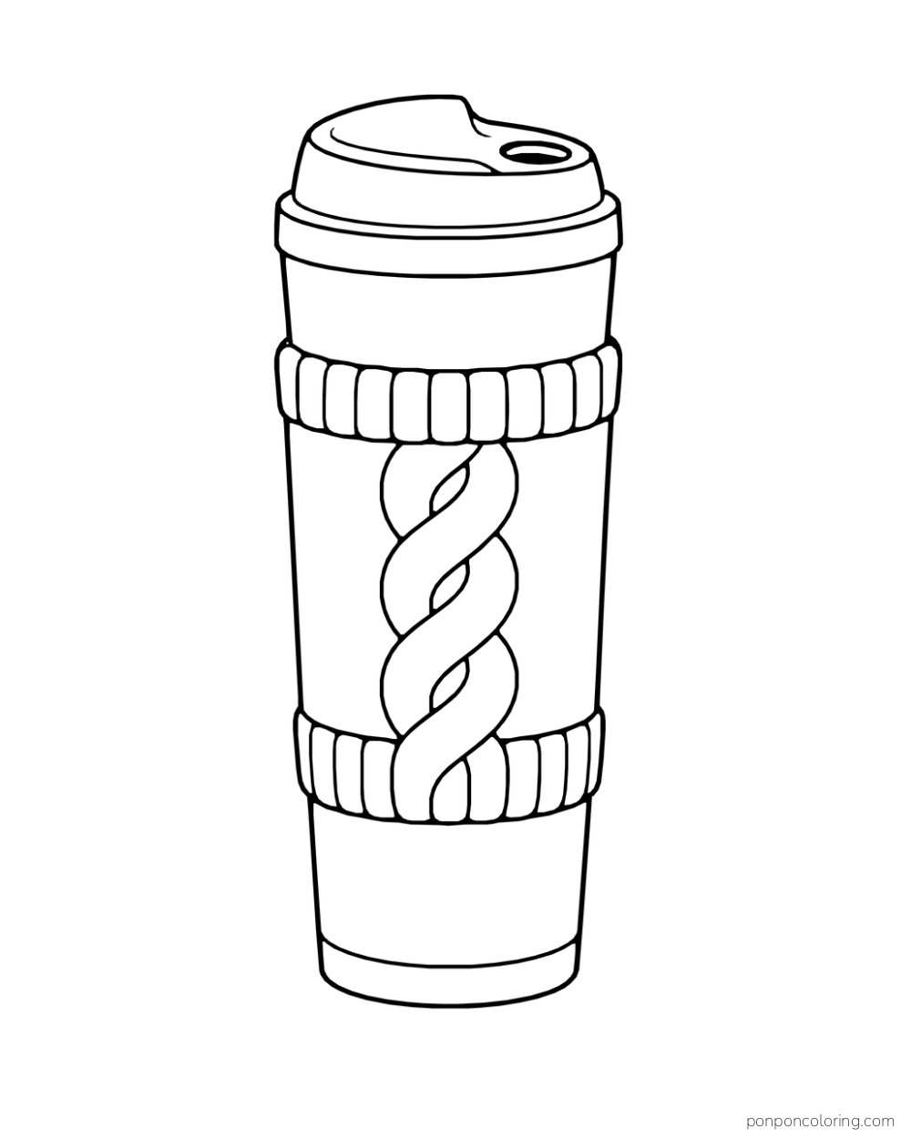 A lidded travel cocoa mug has a knitted sleeve with one broad cable motif.