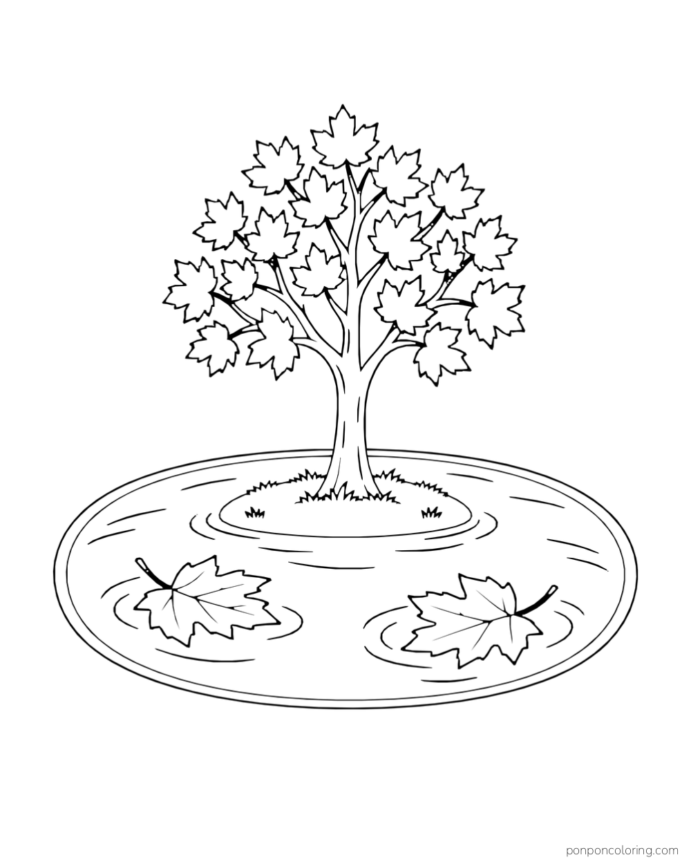 A leafy tree stands on a small island inside an oval pond with two floating leaves.