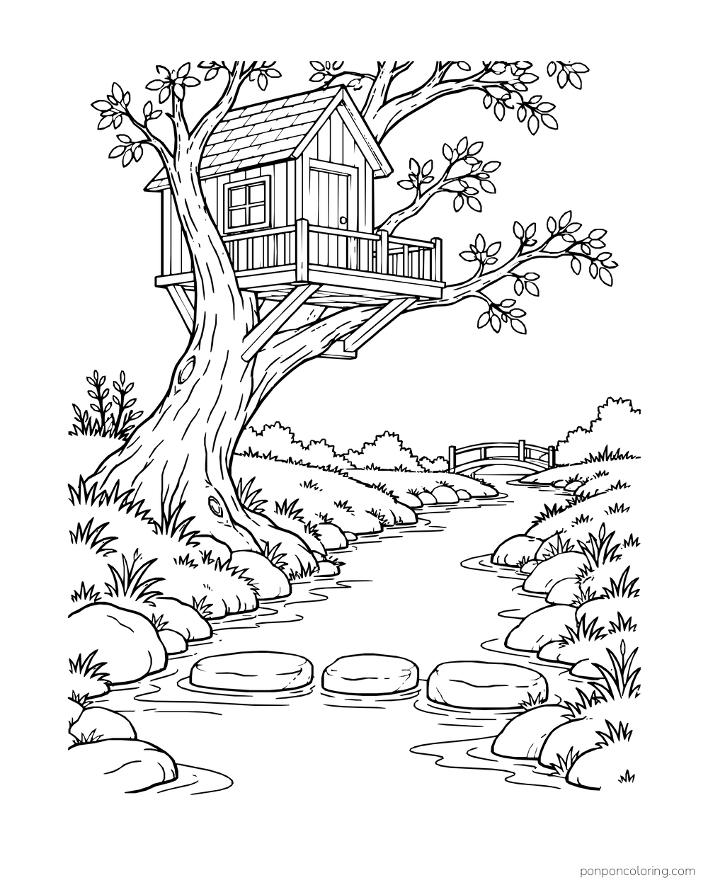 A treehouse on a leaning trunk overlooks a narrow stream crossed by broad stepping stones.