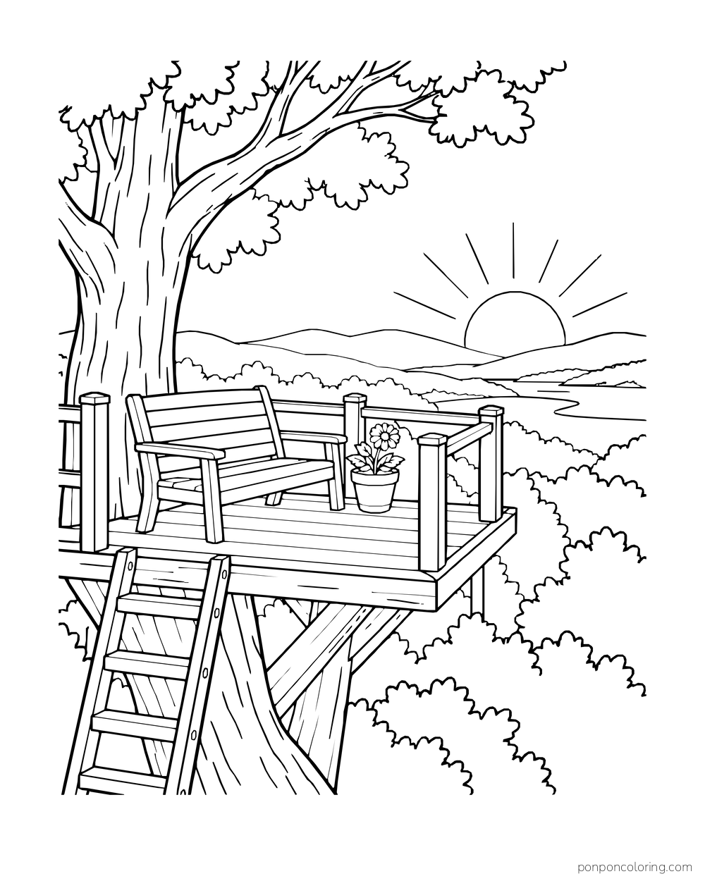 An empty treehouse deck holds a bench and potted flower facing the sun low over the horizon.