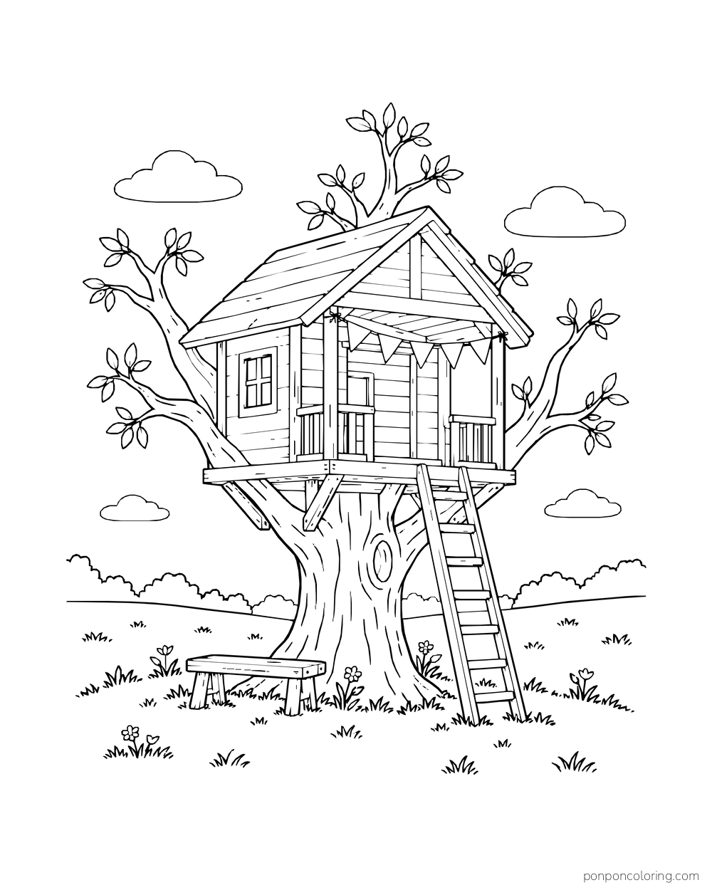 A small empty treehouse cabin has triangular bunting and a bench near the trunk.