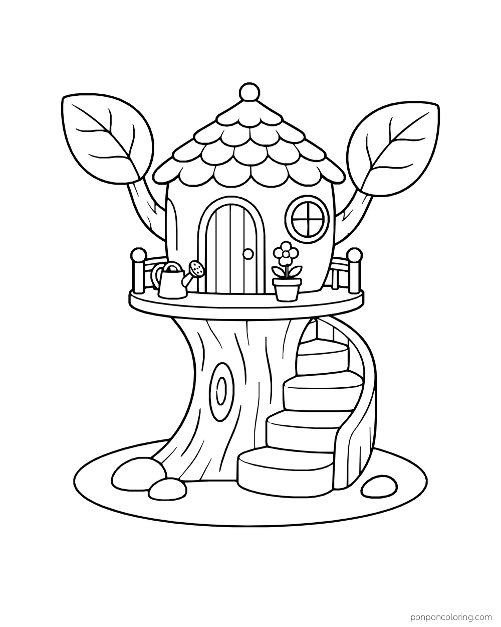 A round treehouse with curved steps, a watering can and a potted flower on its porch.