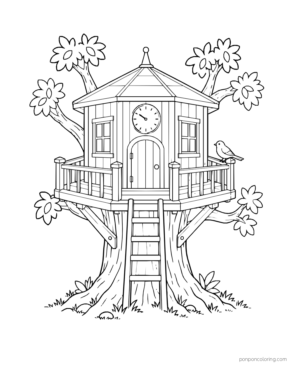 A small lookout treehouse has a round clock above its door and a bird on the rail.