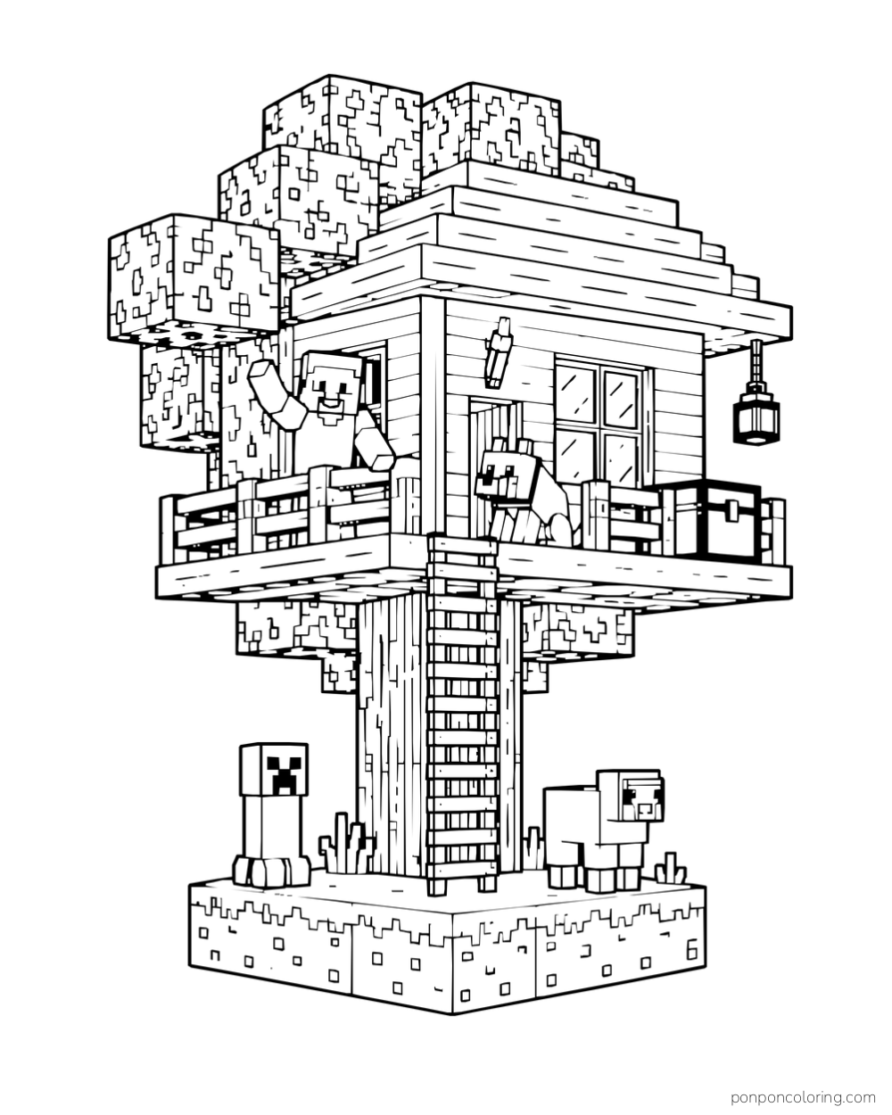 A blocky treehouse has a balcony, ladder, lantern, Steve, a wolf, and mobs below.