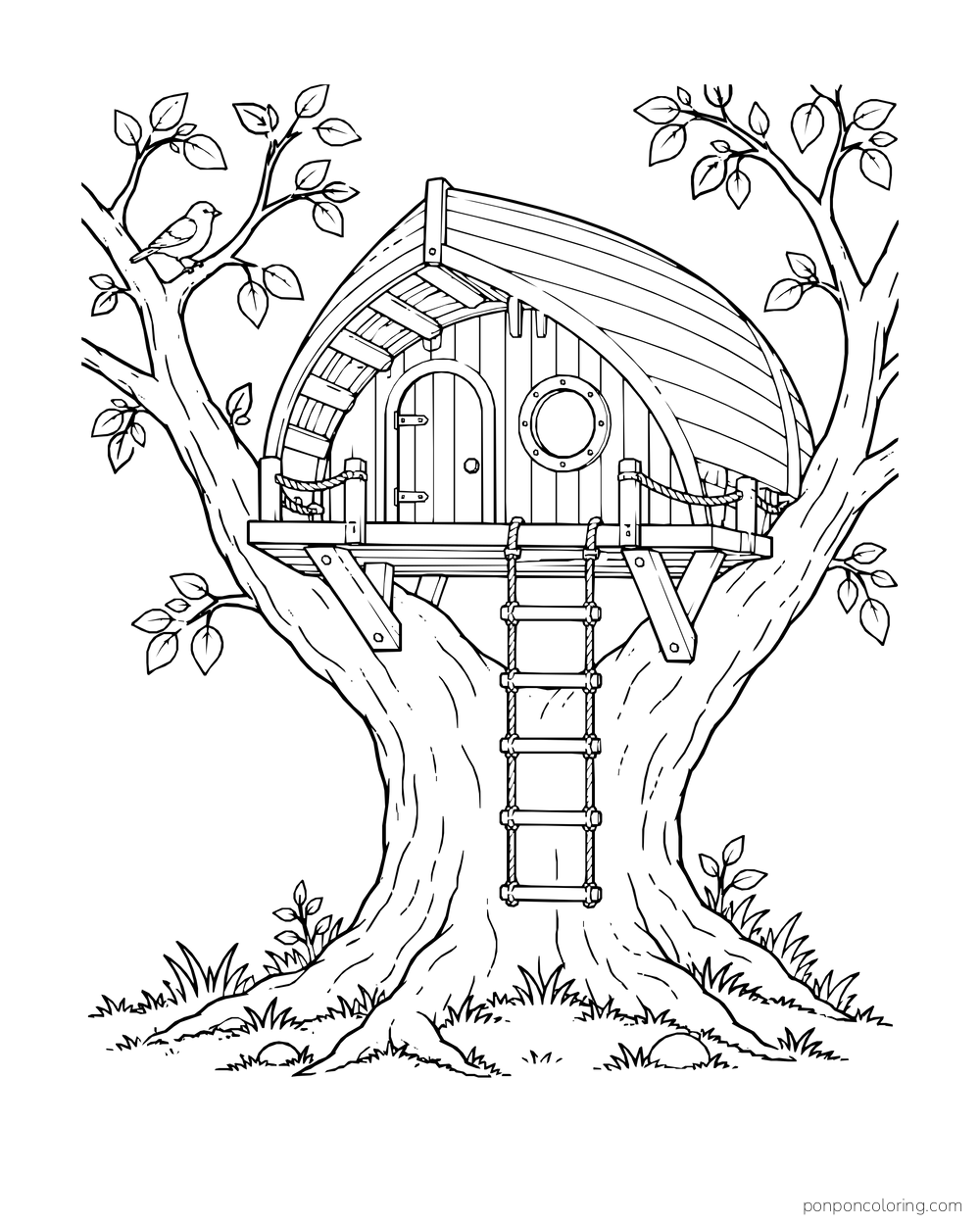 A treehouse has an upturned boat-hull roof, porthole and rope ladder.
