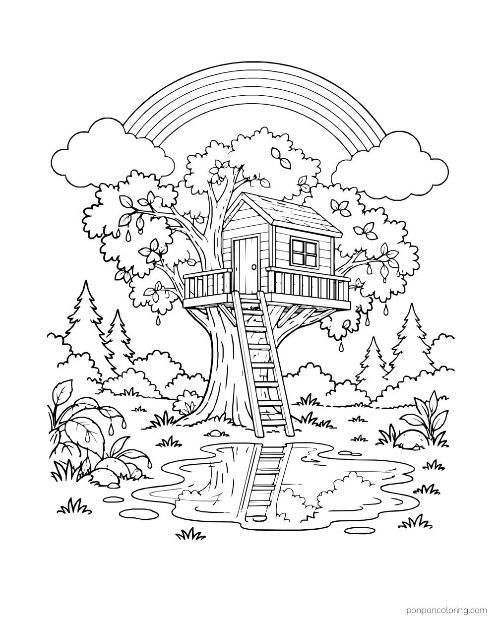 A complete rainbow arches over a treehouse while a puddle below reflects part of its ladder.