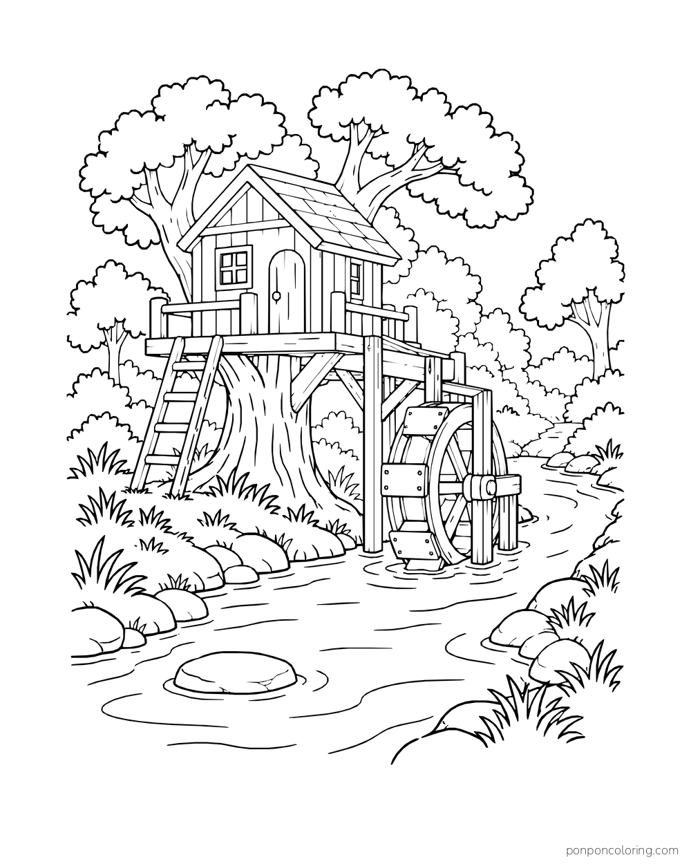 A low treehouse stands beside a narrow stream with a waterwheel attached to its deck.