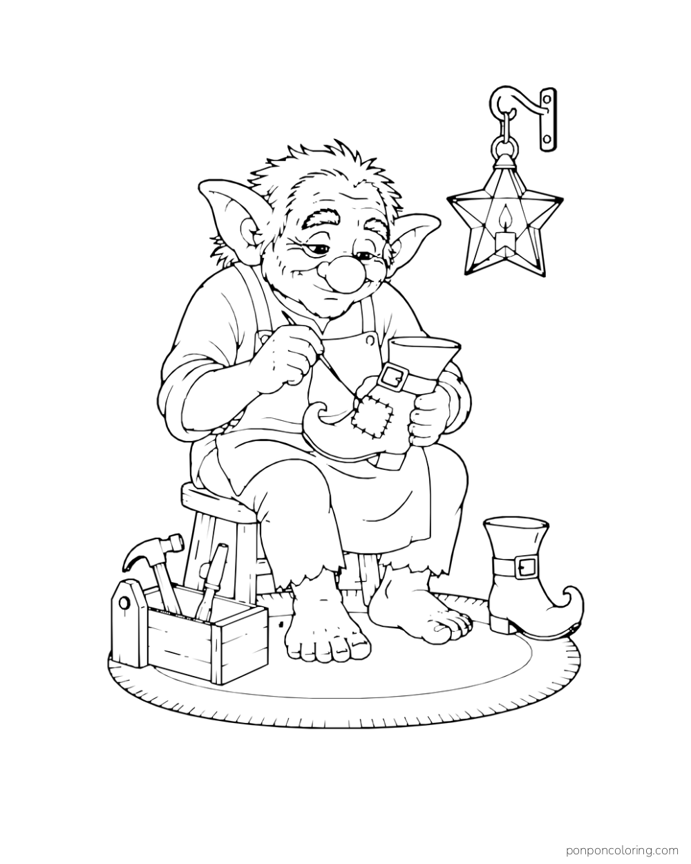 An elderly troll cobbler sews a patch onto a child's witch boot beside a toolbox, matching boot and star lantern.