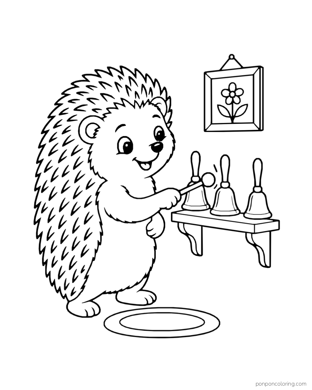 A hedgehog touches the first of three hand bells with a small mallet on a wall shelf.