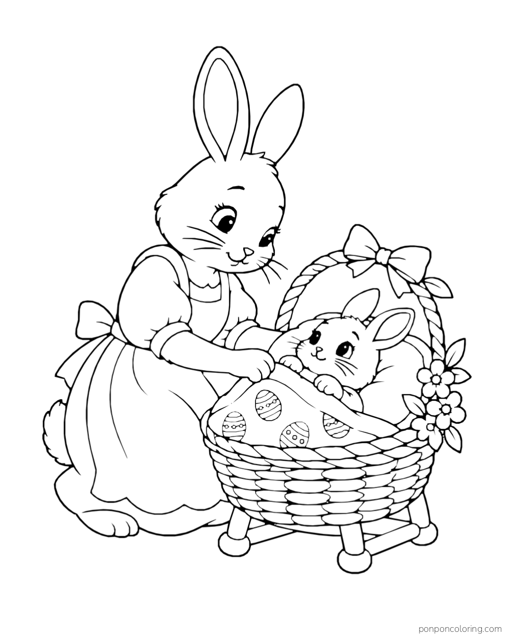 A mother rabbit tucks an egg-patterned blanket around a baby rabbit in a flower-decorated basket cradle.
