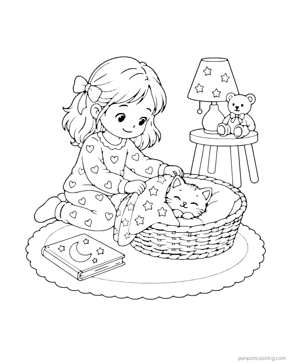 A girl in heart-patterned pajamas tucks a star blanket around a kitten in a basket beside a book and lamp.