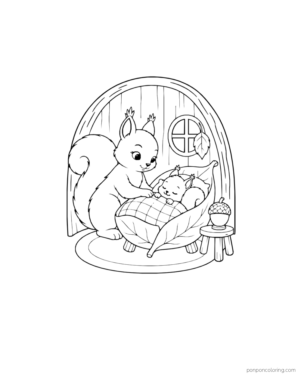A squirrel tucking a youngster under a checked blanket in a leaf bed beside an acorn lamp and round window.