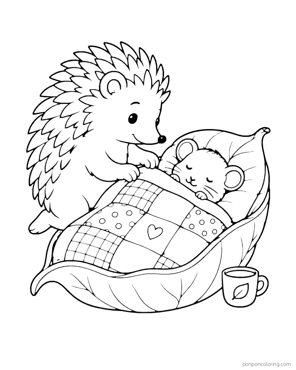 A hedgehog tucks a sleeping mouse beneath a patterned quilt in a curved leaf bed, with a cup nearby.