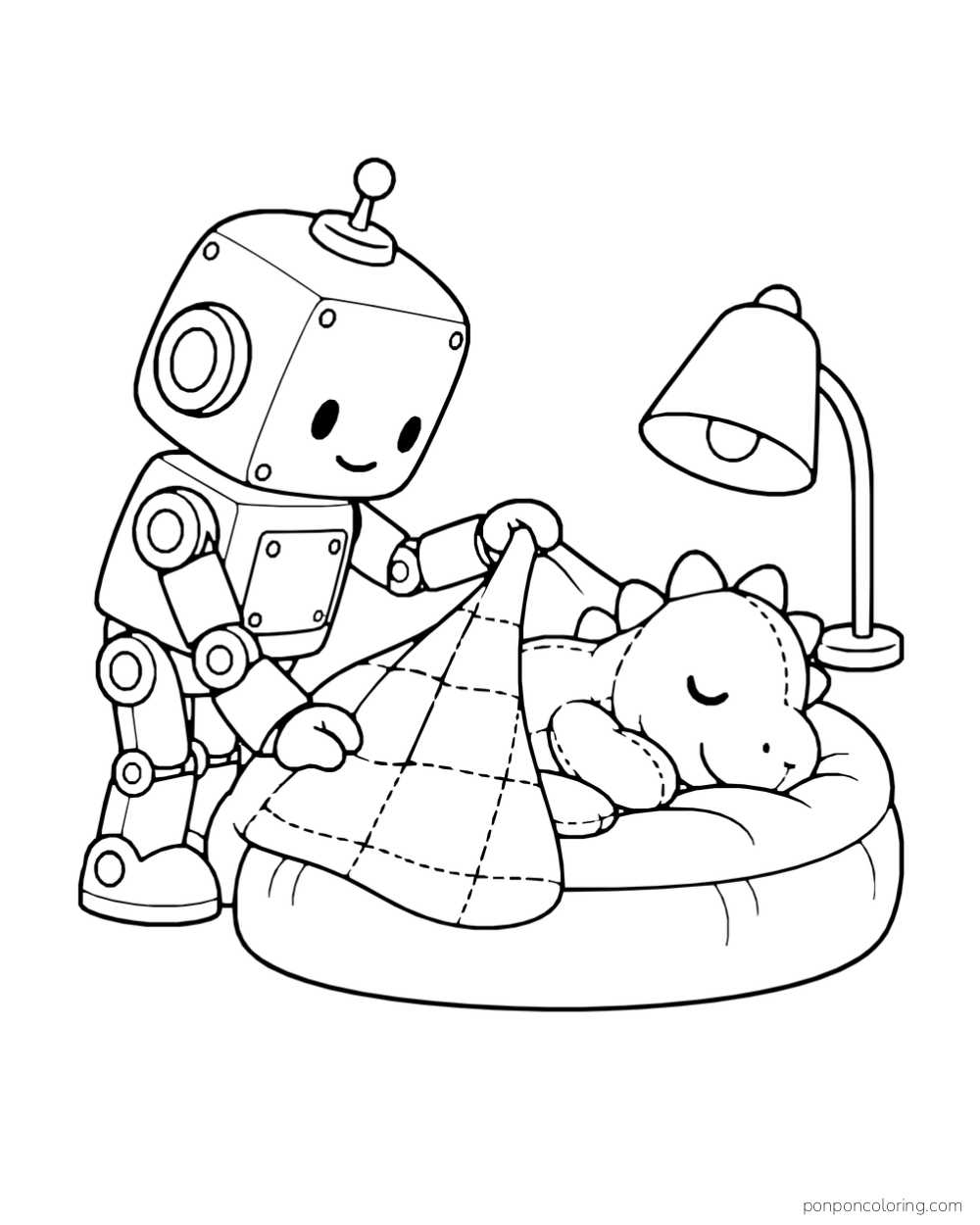 A squat robot tucks a blanket around a sleeping plush dinosaur.