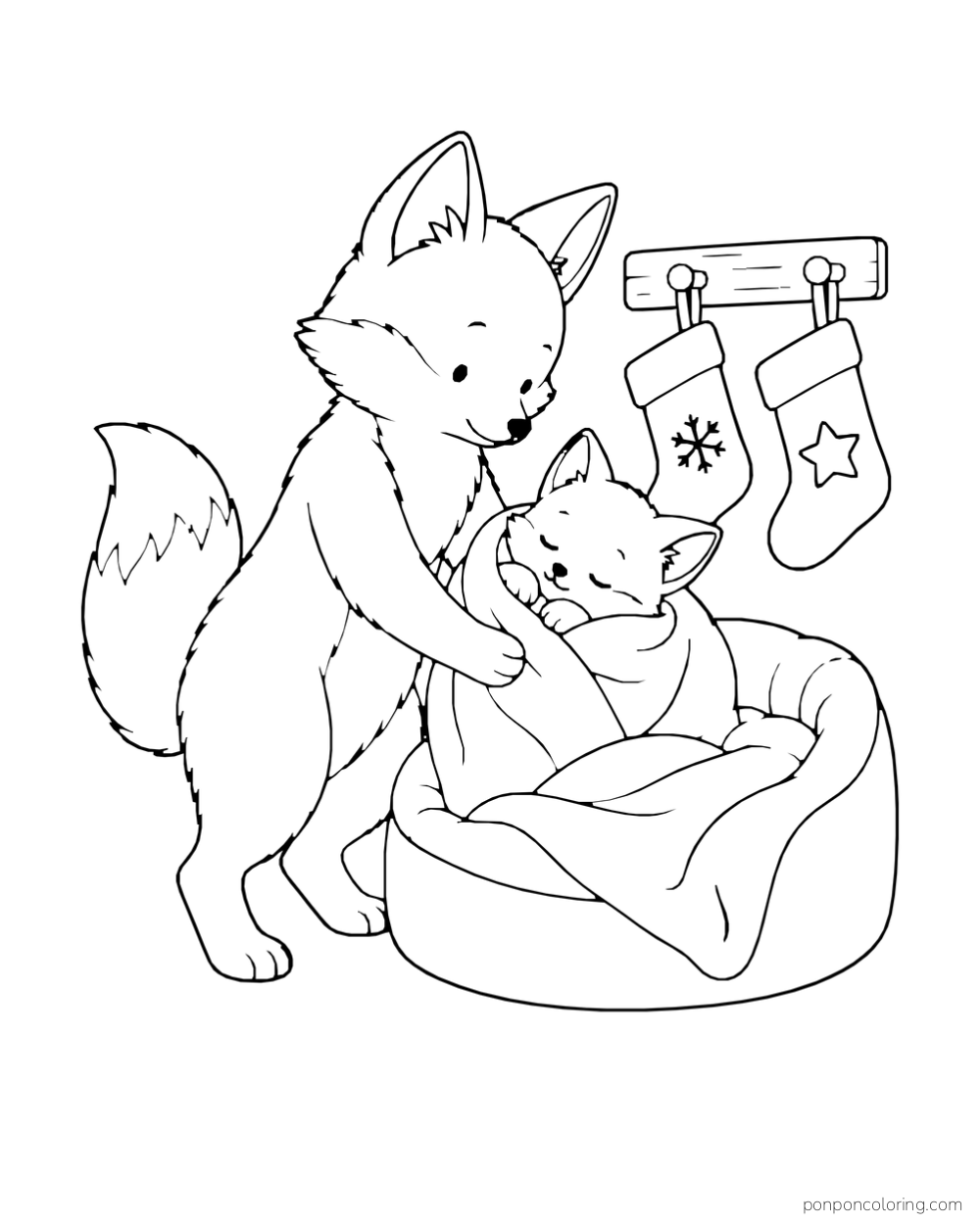 A fox wraps a sleeping cub in a blanket beneath two hanging Christmas stockings.