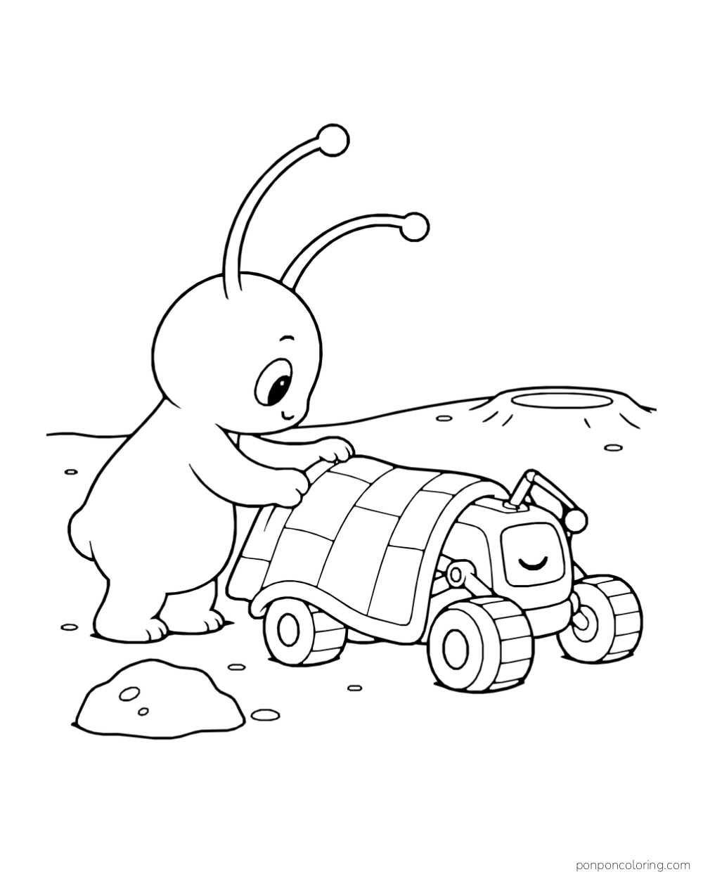 An alien tucks a patchwork blanket around a small sleeping rover.