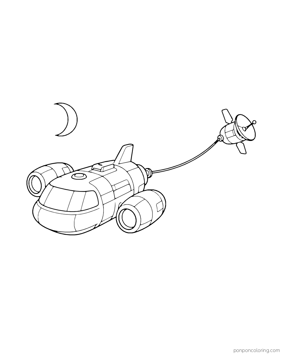 A space tug pulls a smaller probe on a curved tether beneath a crescent moon.