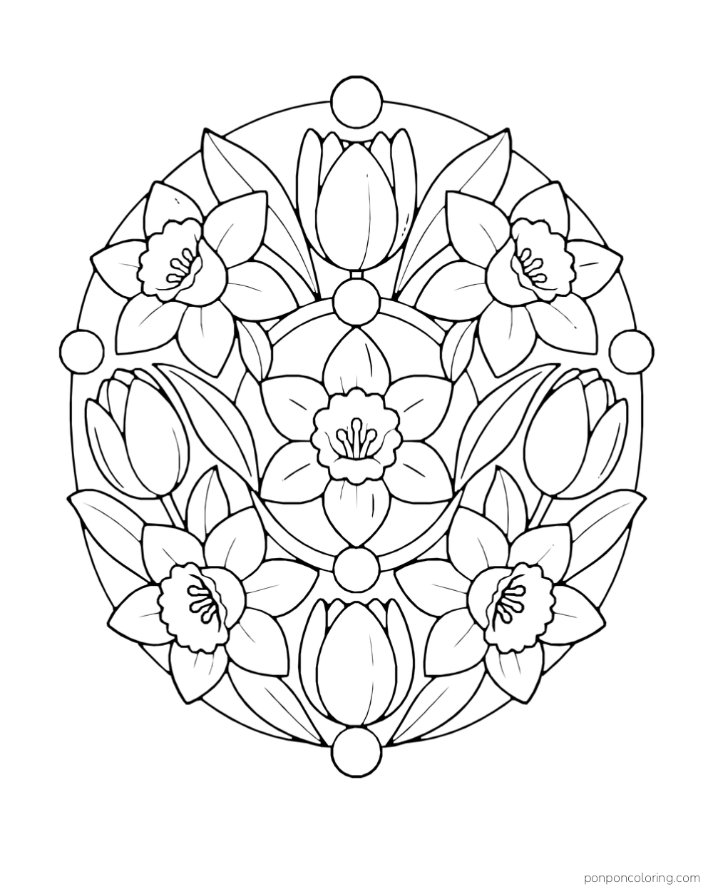 Tulips, daffodils, leaves and circles form a balanced oval floral pattern.
