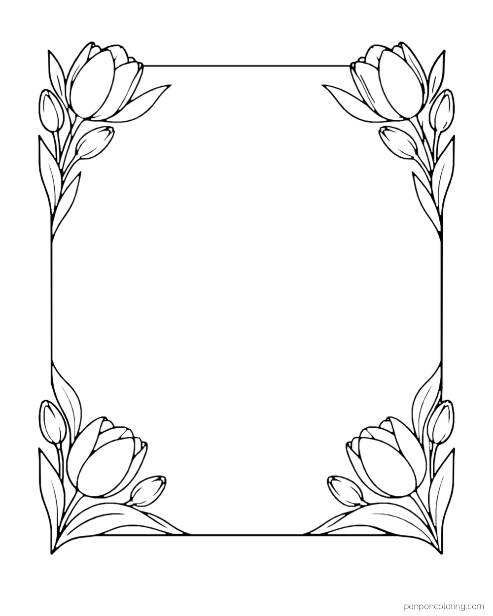 Tulips and leaves at four corners of a rectangular frame with a large blank middle.