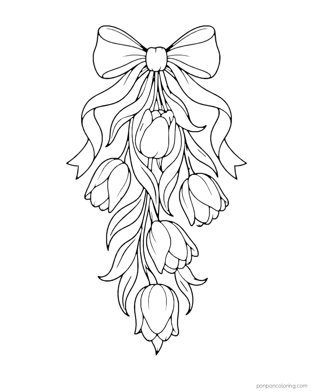 A large bow at the top of a hanging garland of tulips and long leaves.