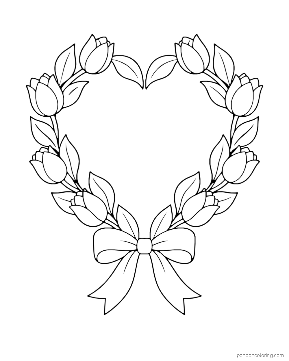 Tulips and leaves form a heart-shaped wreath with a ribbon bow at its base.