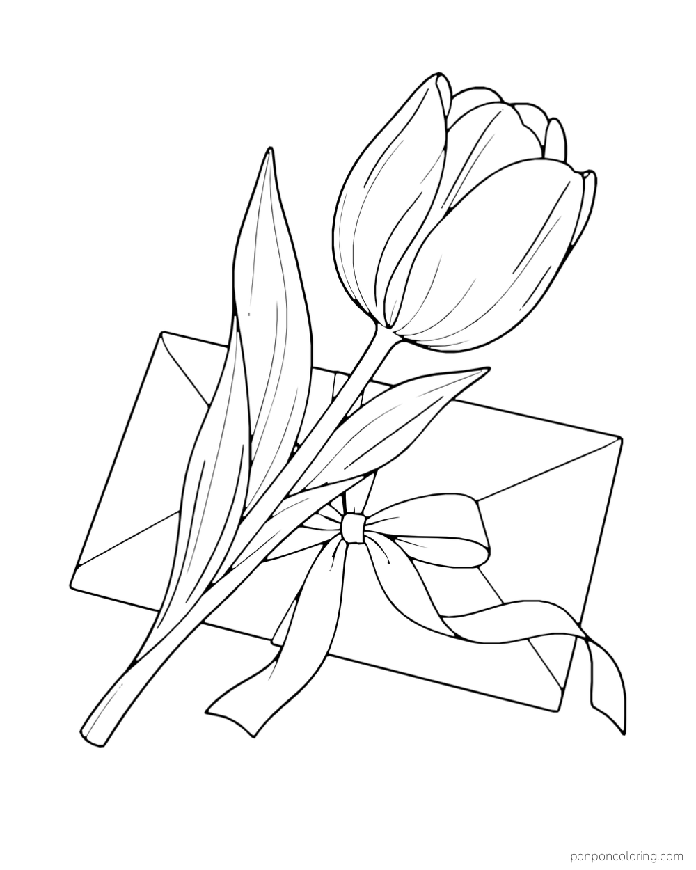 A cut tulip lying over a blank envelope with a loose ribbon.