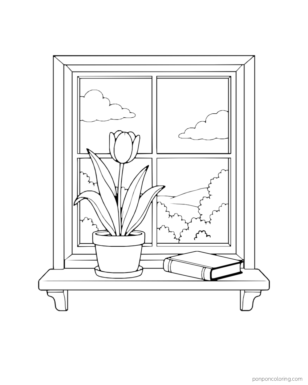 A potted tulip and a closed book on a broad sill beneath a four-pane window.