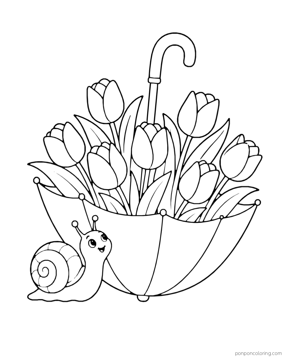 An upturned umbrella holds tulips beside a snail.