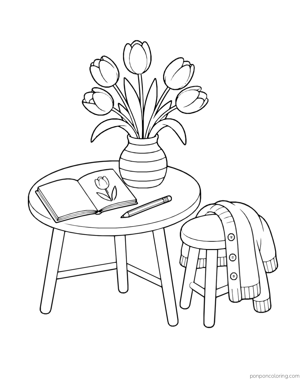 Five tulips in a striped vase on an oval table beside an open sketchbook and pencil, with a cardigan draped over a stool.