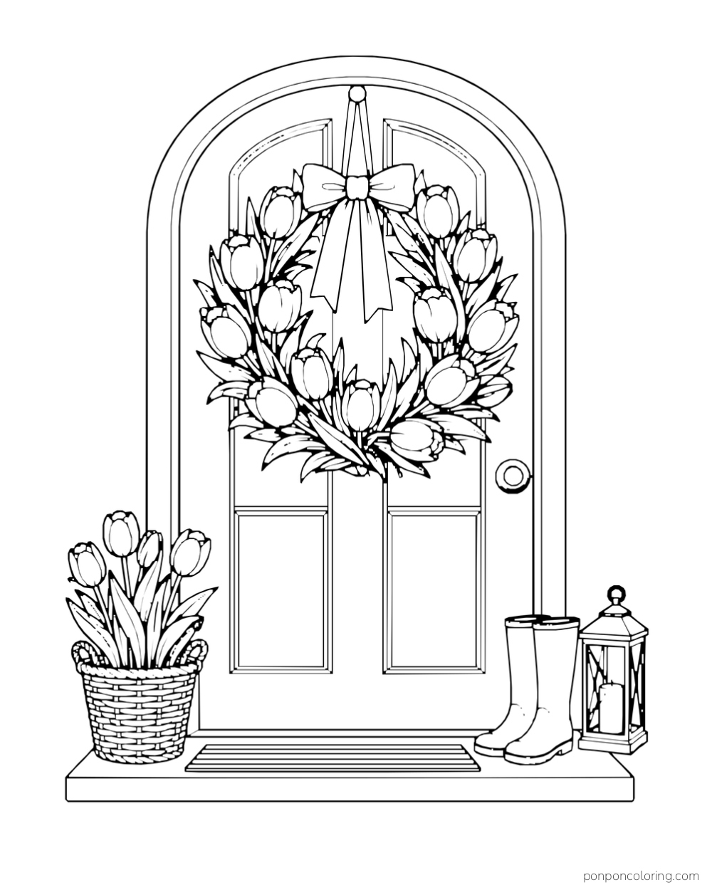 A tulip wreath with a large bow hanging on an arched front door, with boots and a lantern nearby.