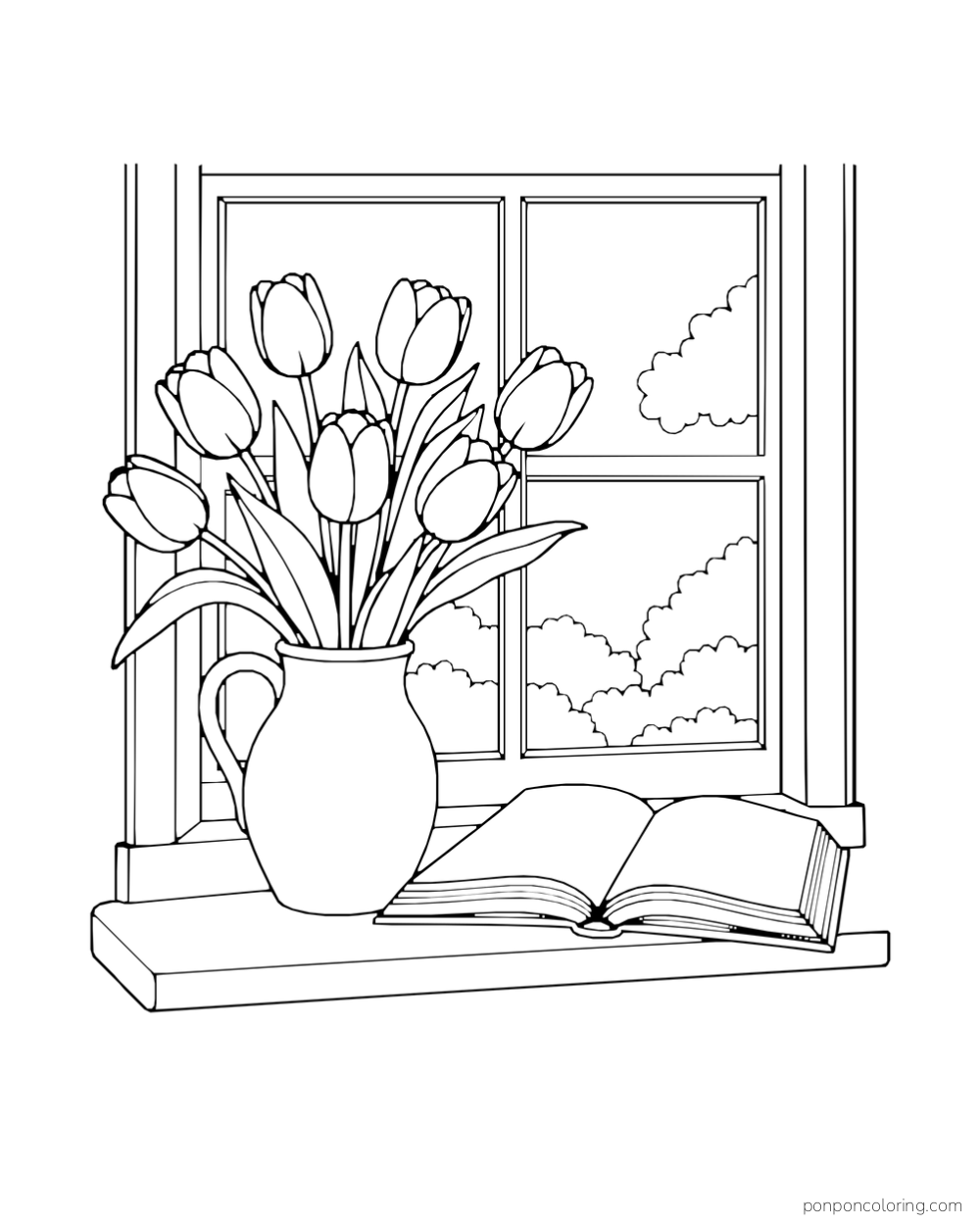 A vase of tulips beside an open book on a windowsill.