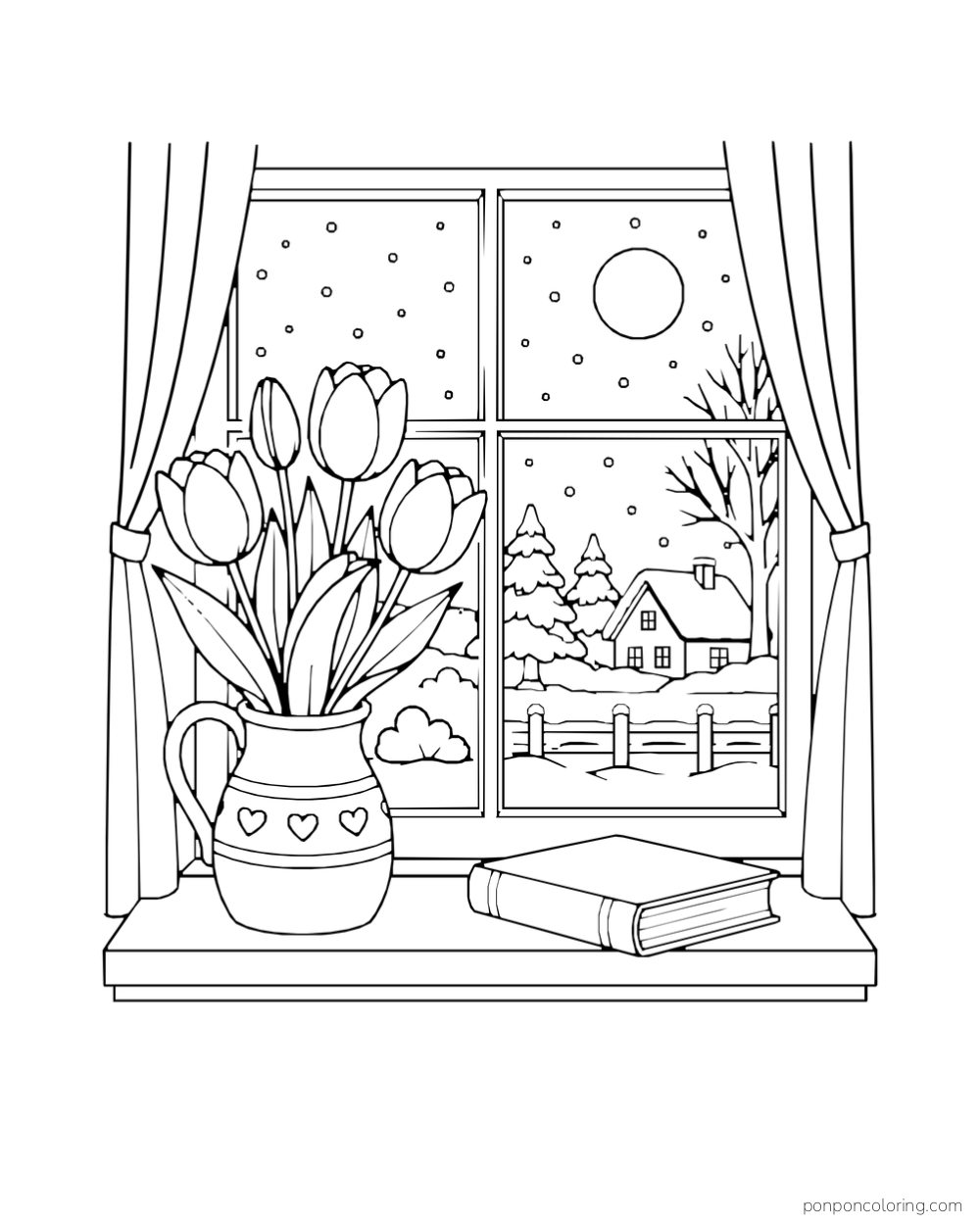 A jug of tulips and a closed book on a windowsill, with snow outside.