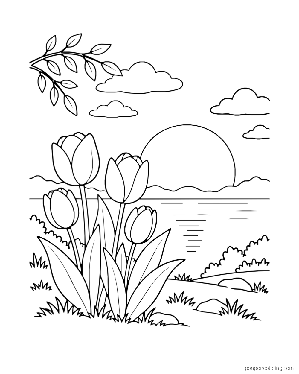 A tulip clump on a shore with a round low sun over the water.