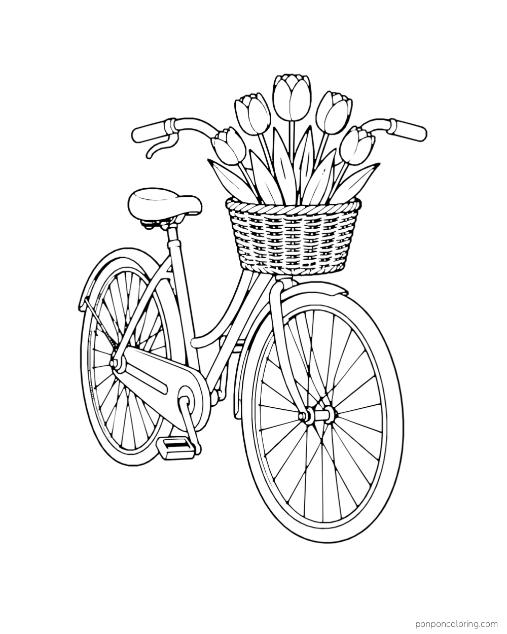 A simple bicycle with a woven front basket full of tulips.