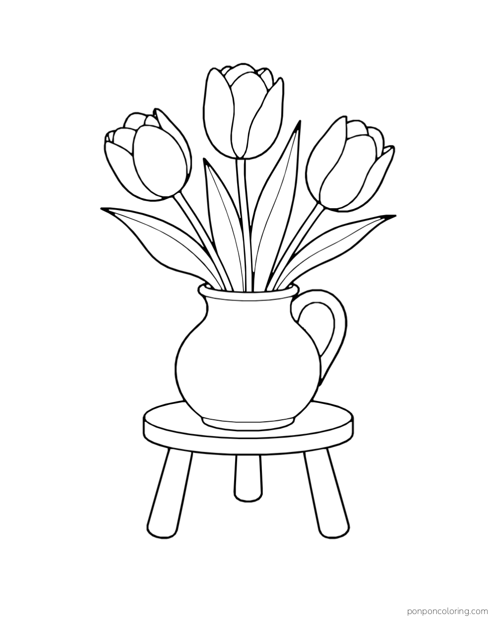 Three tulips arranged in a round handled jug on a short stool.