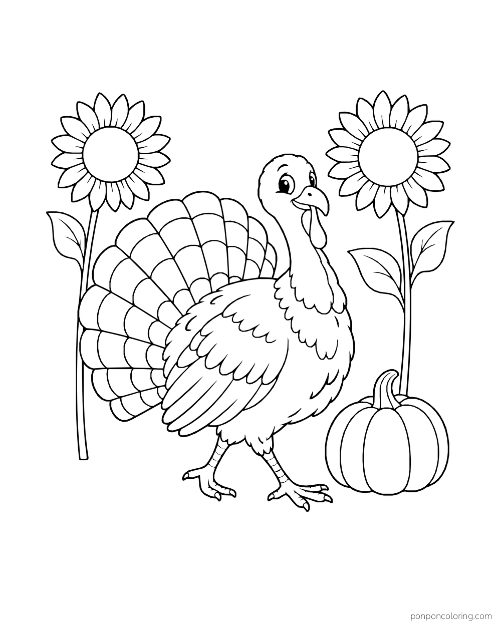 A turkey walks between two sunflowers with a pumpkin near its feet.