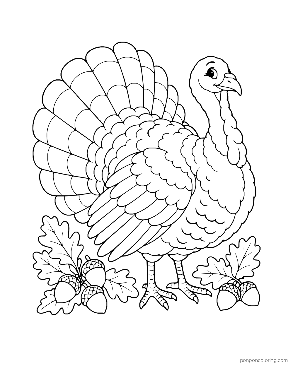 A turkey with a full feather fan stands among oak leaves and acorns.