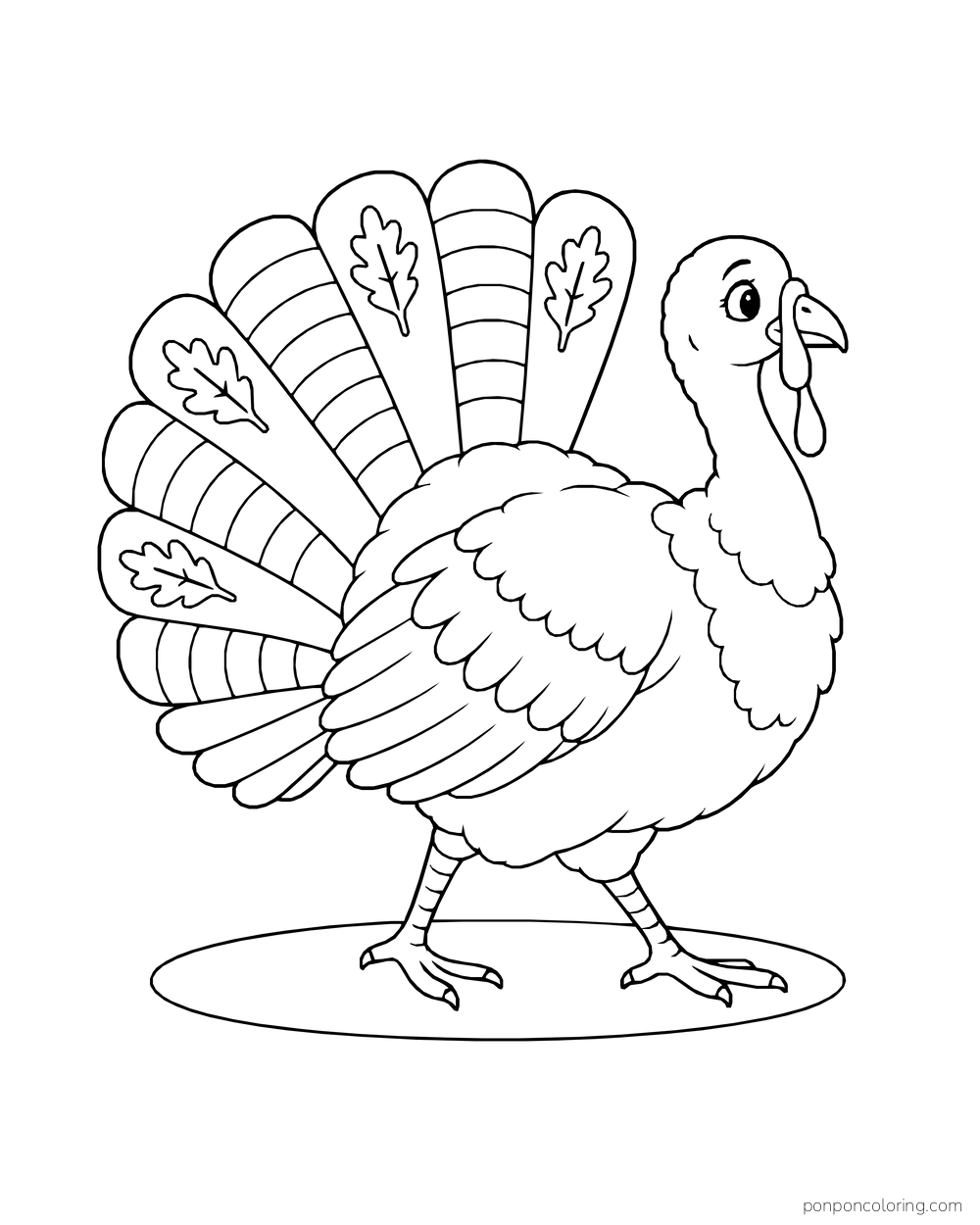 A turkey walks with a broad patterned feather fan over a small oval patch.