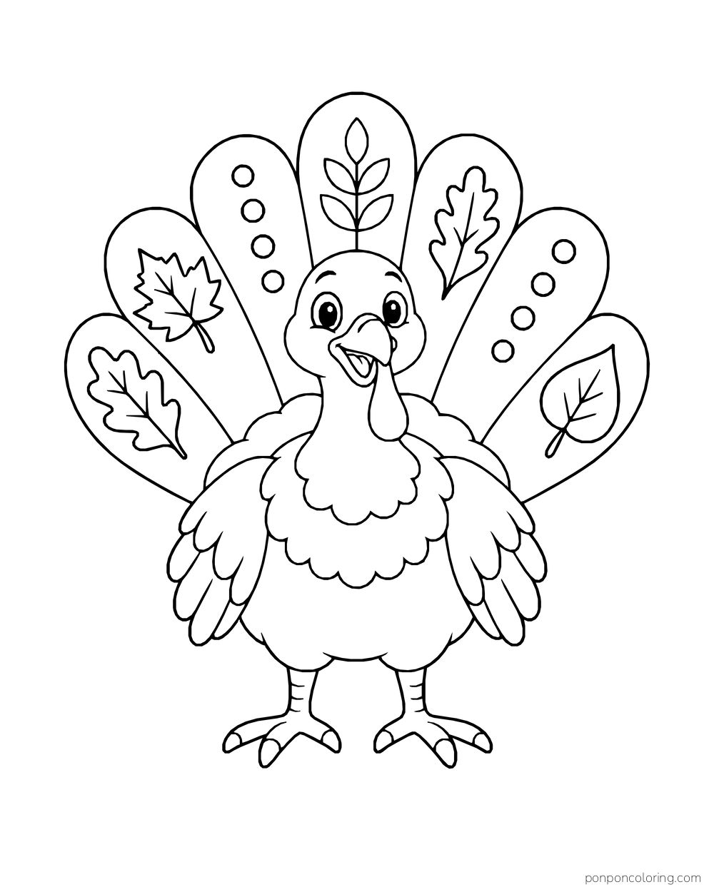 A front-facing turkey spreads broad feathers filled with simple leaf and dot motifs.