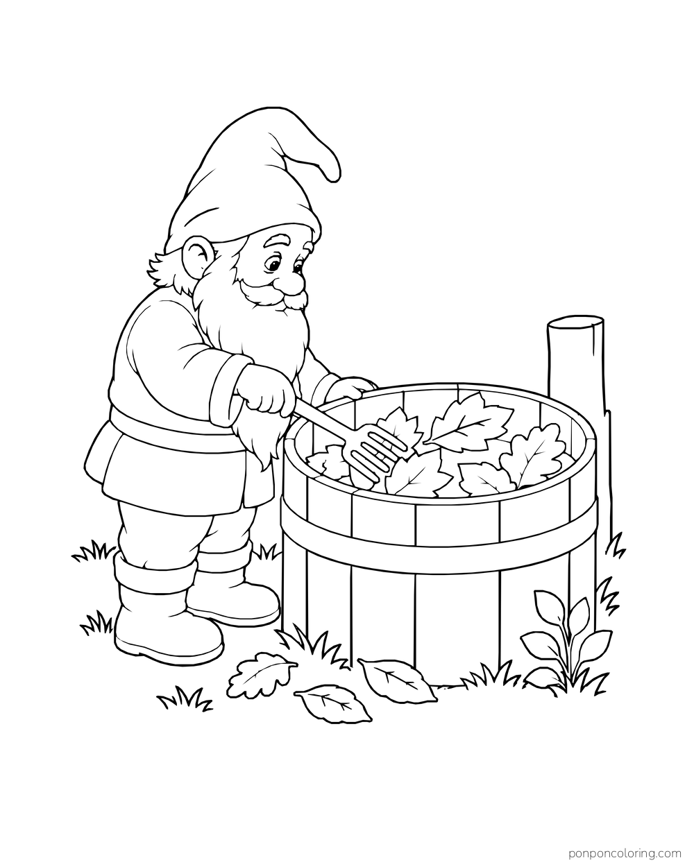 Gnome turning a bin of large leaves with a short garden fork.