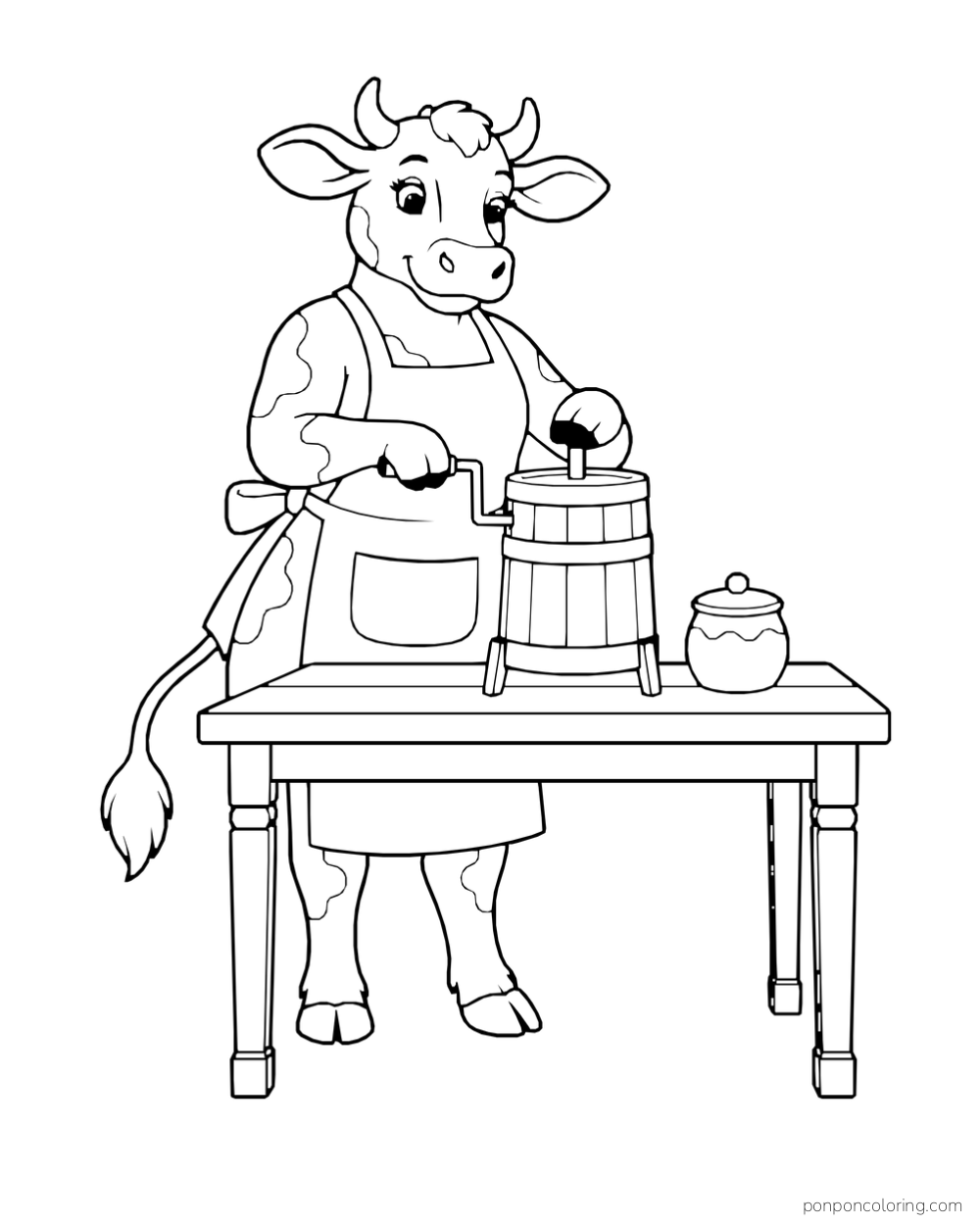 A cow in an apron works a small butter churn on a table beside a lidded jar.