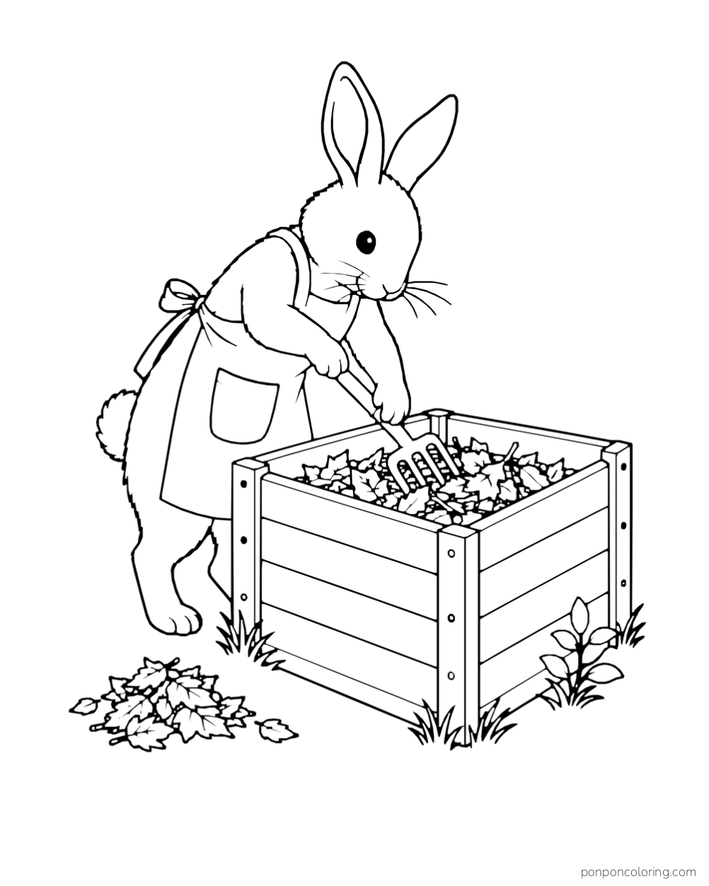 An apron-wearing rabbit turns leaves in a square compost bin with a garden fork.