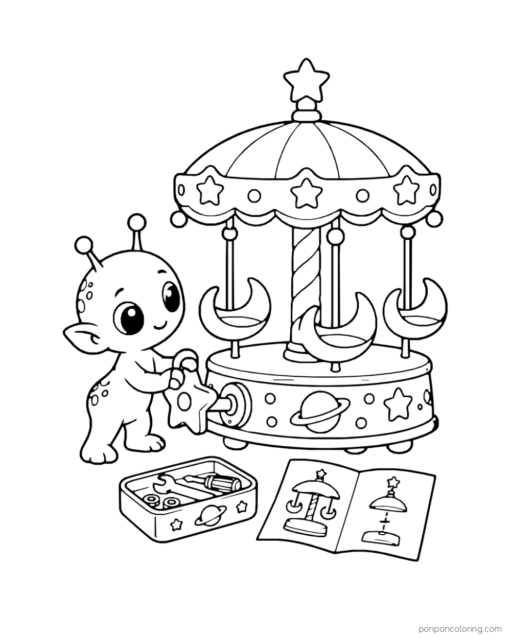 An alien turns the star-shaped crank of a tabletop carousel with crescent seats.