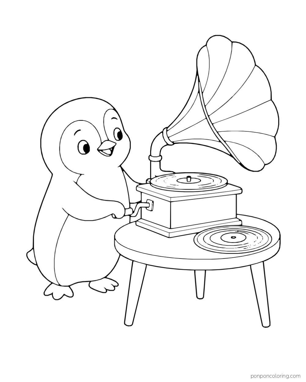 A penguin turns the crank of a tabletop phonograph beside a spare record.