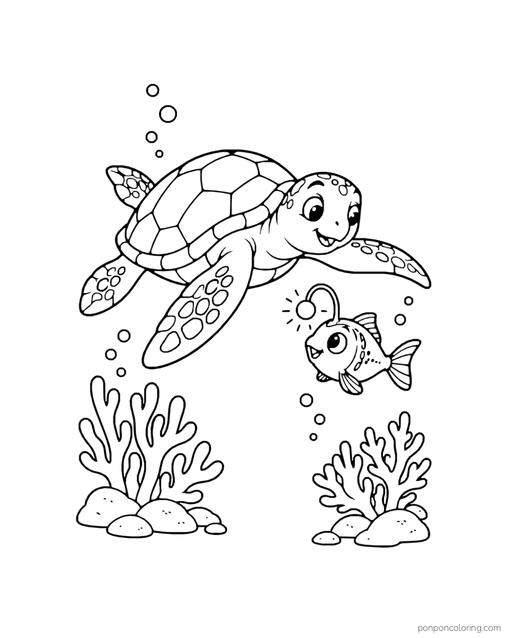 A sea turtle swims above a little anglerfish with a round lure, between two coral clusters.